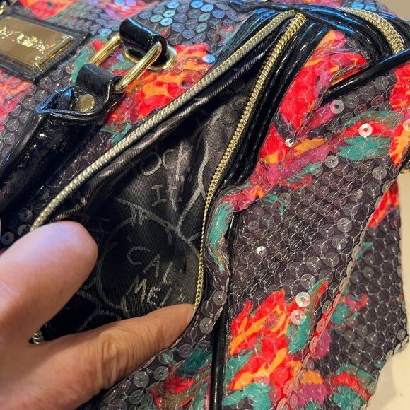 Like New Betsey Johnson Black Floral Sequin Satchel/Crossbody Bag - Picture 5 of 14